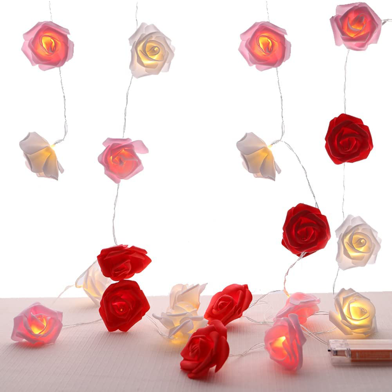 Indoor String Red Rose Lights, 20 Led Battery Operated Flower Hanging Lights for Valentine'S Day Wedding Anniversary Spring Party Decorations, Teen Girls Bedroom Decor, Gift Idea (Red + White) Home & Garden > Decor > Seasonal & Holiday Decorations Alodidae Pink + White + Red  