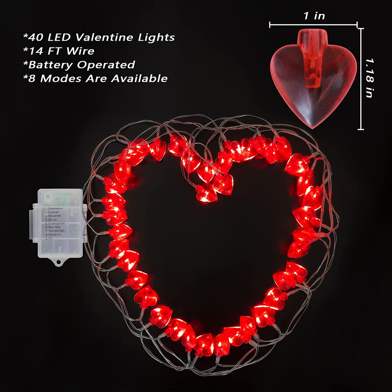 Cokoka Valentine Lights 14 Ft 40 Leds Red Heart Shaped String LED Lights Battery Operated, Romantic Valentines Day Decor Lights for Valentines Decorations, Bedroom, Party, Wedding Indoor Outdoor Home & Garden > Decor > Seasonal & Holiday Decorations Cokoka   