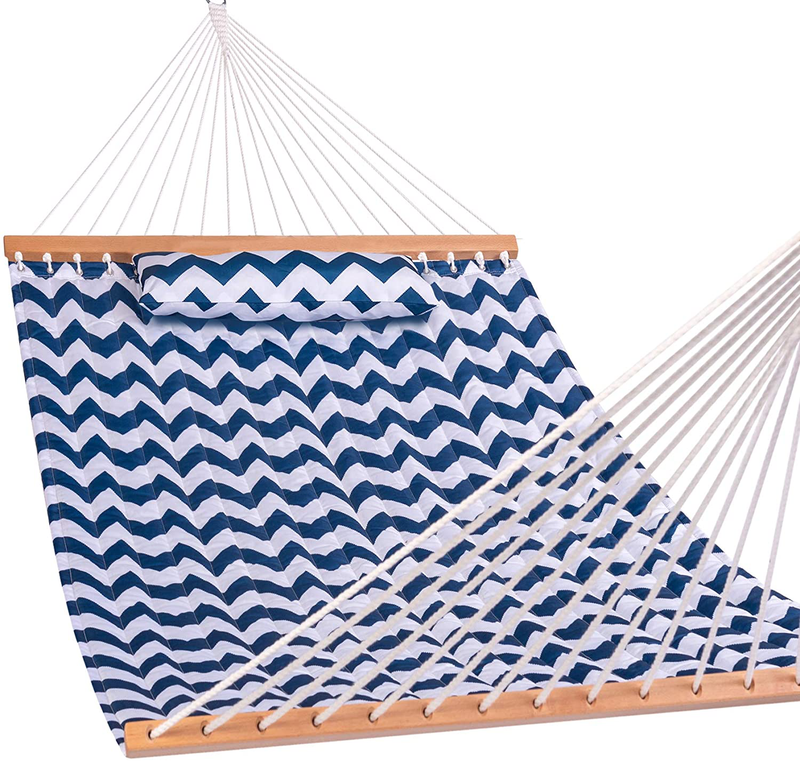 Lazy Daze 12 FT Double Quilted Fabric Hammock with Spreader Bars and Detachable Pillow, 2 Person Hammock for Outdoor Patio Backyard Poolside, 450 LBS Weight Capacity, Dark Cream Home & Garden > Lawn & Garden > Outdoor Living > Hammocks Lazy Daze Hammocks Blue Chevron Stripe  