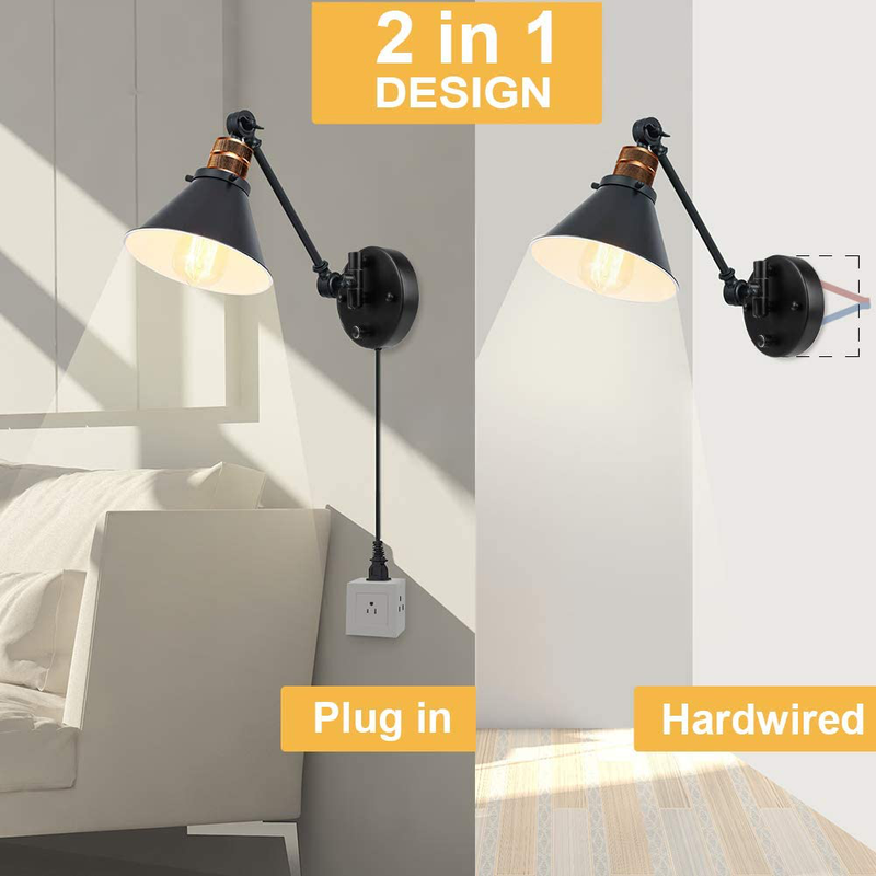Plug in Wall Sconces , PARTPHONER Swing Arm Wall Lamp with Dimmable on off Switch, Metal Black Vintage Industrial Wall Mounted Lighting Reading Light Fixture for Bedside Bedroom Indoor Doorway Home & Garden > Lighting > Lighting Fixtures > Wall Light Fixtures KOL DEALS   