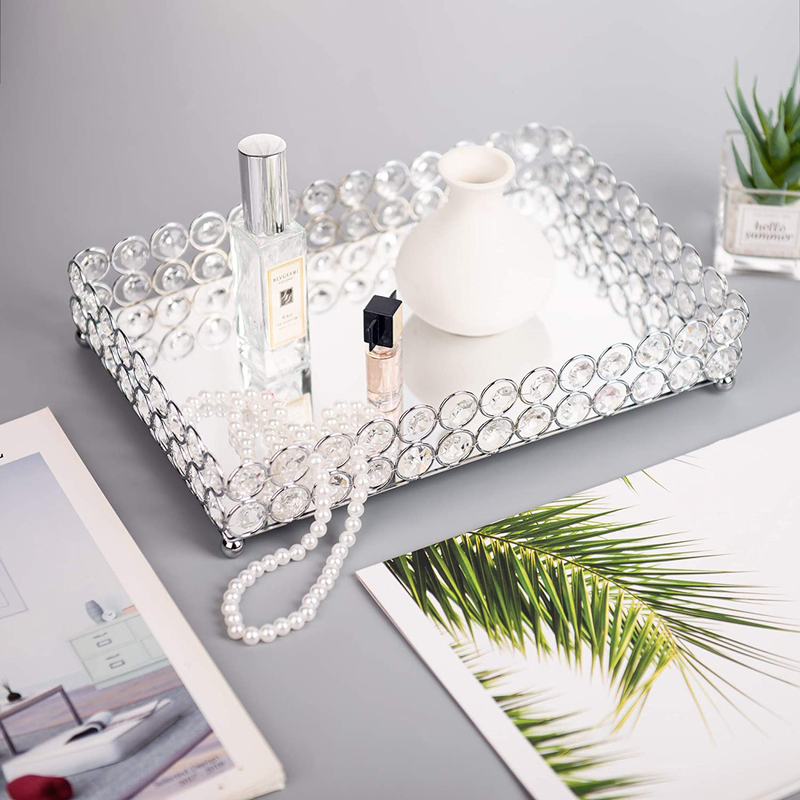 Feyarl Crystal Vanity Makeup Tray Ornate Jewelry Trinket Tray Organizer Cosmetic Perfume Bottle Tray Decorative Tray Home Deco Dresser Skin Care Tray Storage (Rectangle 12" x 8") (Silver)
