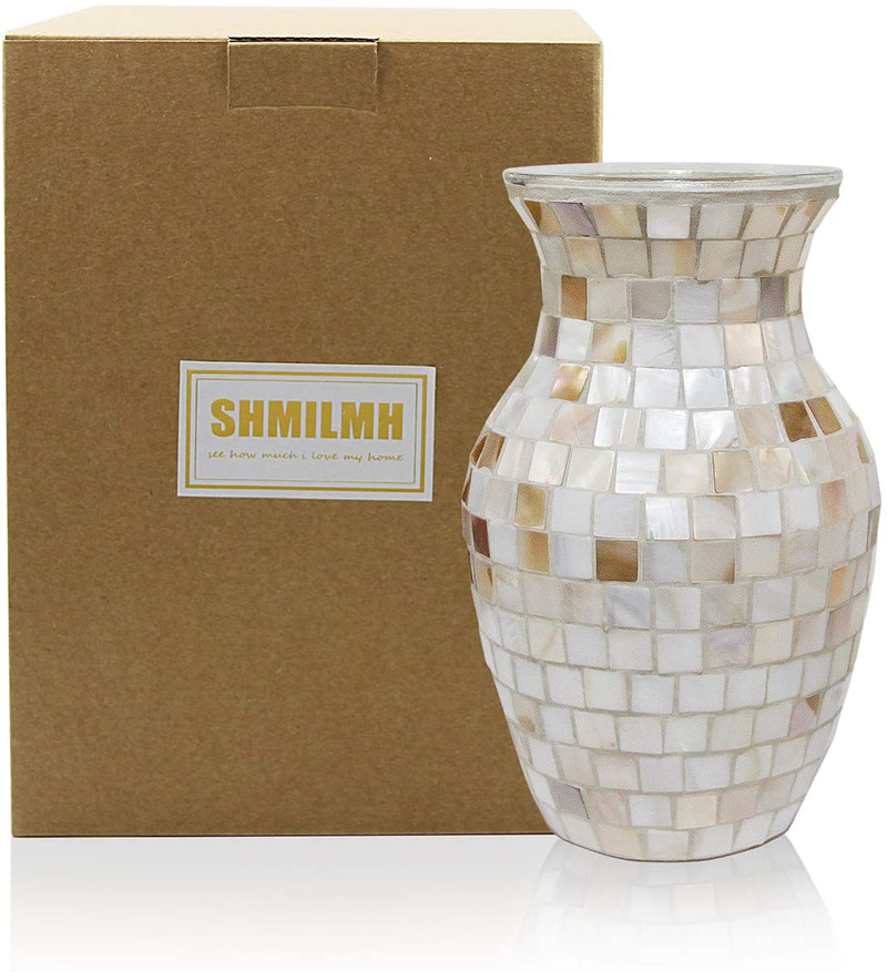 SHMILMH White Glass Vases for Flowers, Unique Handmade Natural Shell Vase, Rustic Mosaic Vases for Bouquets, Home Decor, Wedding, 8"