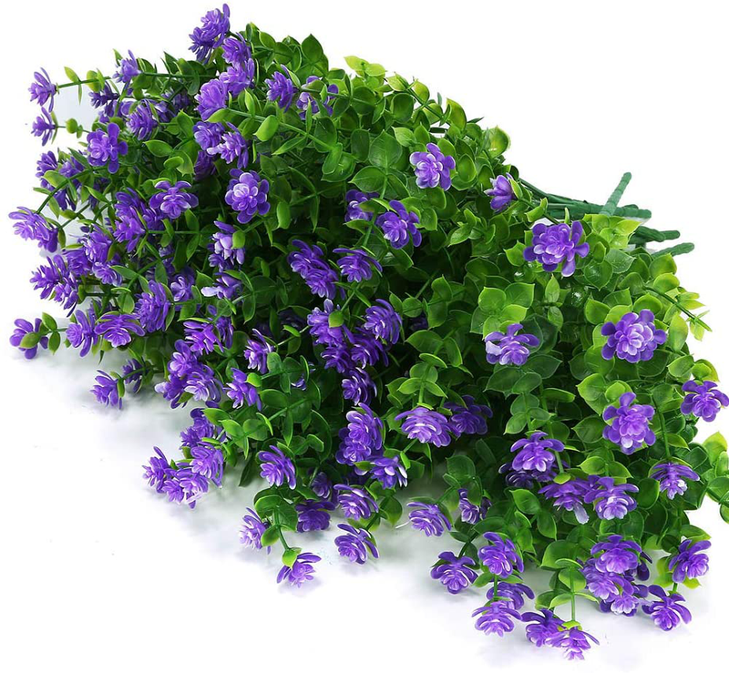 KLEMOO Artificial Flowers Fake Outdoor UV Resistant Boxwood Plants Shrubs 4 Pack, Faux Plastic Greenery for Indoor Outside Hanging Planter Home Office Wedding Farmhouse Decor (Purple)