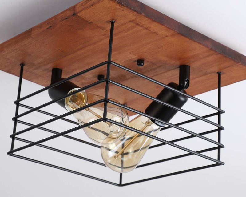 Rustic Farmhouse Wood Flush Mount Light Fixture Two-Light Metal Cage Industrial Flush Mount Ceiling Light for Hallway Bedroom Kitchen Entryway, Black