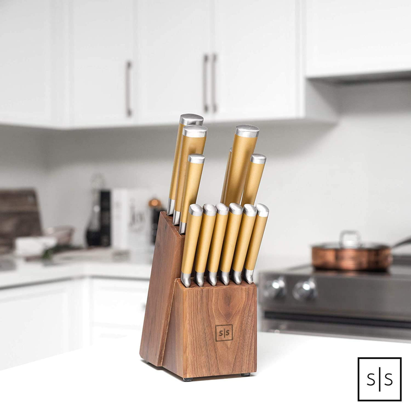 Gold Knife Set with Walnut Knife Block, 13-piece Kitchen Knives Stainless Steel Gold Knives Set, Full Tang, Knives Gold - Gold Kitchen Accessories Home & Garden > Kitchen & Dining > Kitchen Tools & Utensils > Kitchen Knives STYLED SETTINGS   