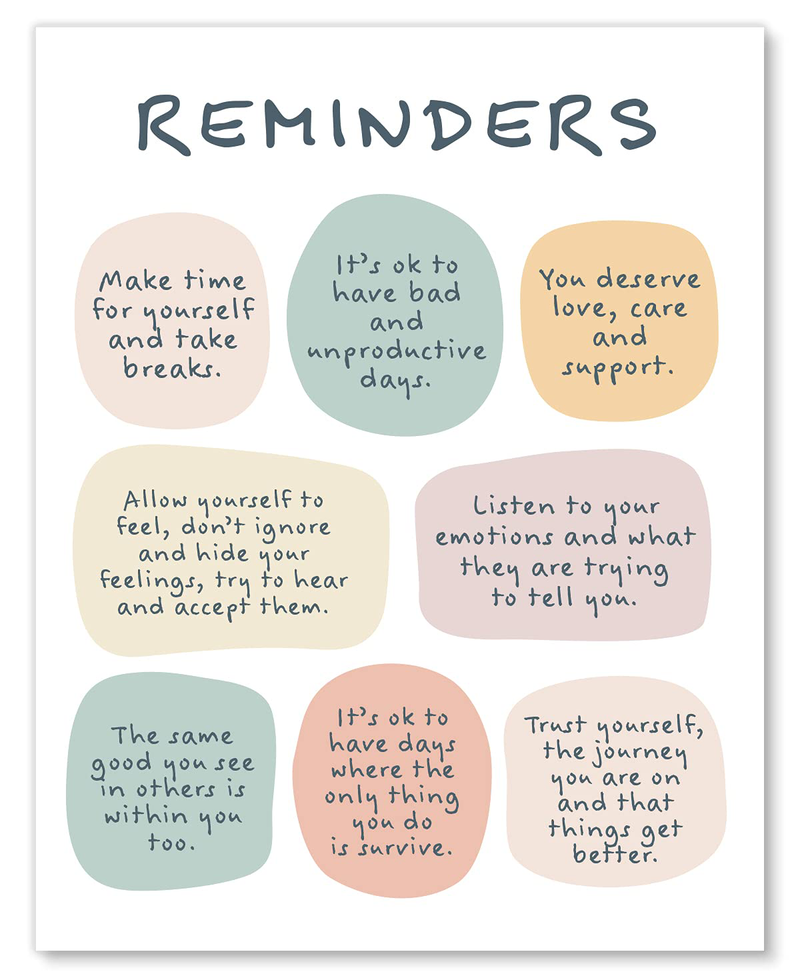 Mental Health Reminders Wall Art Print - CBT Positive Psychology Affirmations Feelings Poster - Mindfulness Posters & Decor for Home Classroom or Office - 8X10 - Unframed