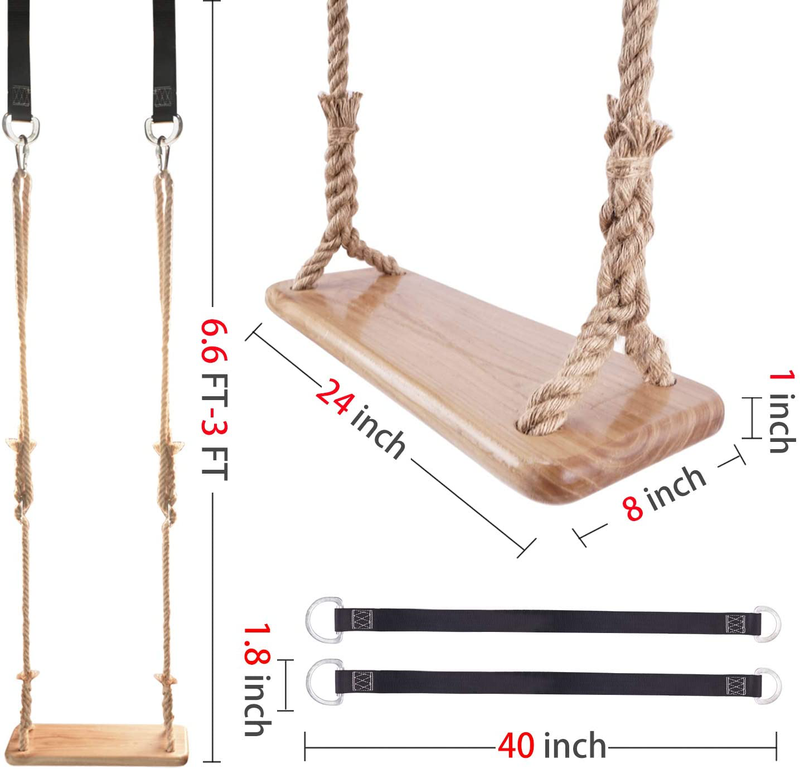 leofit Hanging Wooden Tree Swing Adjustable 80 Inch Hemp Rope 40 Inch Connecting Strap Accessories for Backyard, Playground, Porch, Patio, Garden, Park or Home (24 X 8)