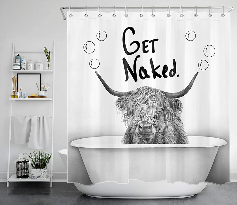 LB Funny Get Naked Shower Curtain Farmhouse Animal Highland Cow in Bathtub Bubble Cattle Shower Curtains Set Hooks Gray White Backdrop for Bathroom Decor,70x70Inch Waterproof Fabric Home & Garden > Decor > Seasonal & Holiday Decorations LB 59Wx70H  