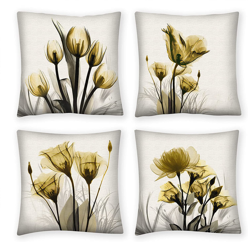 Throw Pillow Covers 18X18 Set of 4, Decorative Pillows for Couch Bed, Sofa Pillows Decorations for Living Room,Purple Flower Outdoor Pillows Couch Cushion Covers for Home Bedroom Car Home & Garden > Decor > Chair & Sofa Cushions QZZYWL Yellow Flower  