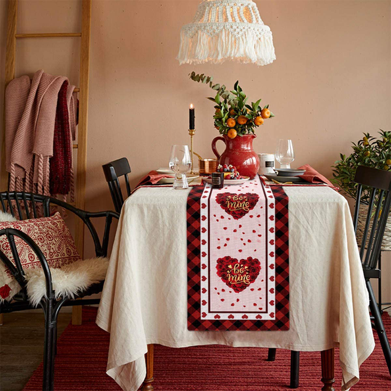 QICIG Valentines Day Table Runner Farmhouse Buffalo Plaid Table Runners Be Mine Heart Rectangular Table Runner for Wedding Party Valentines Day Decorations Home & Garden > Decor > Seasonal & Holiday Decorations QICIG   