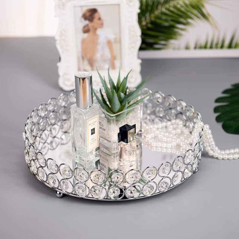 Feyarl Mirrored Crystal Vanity Makeup Round Tray Ornate Jewelry Trinket Tray Organizer Cosmetic Perfume Bottle Tray Decorative Tray Home Deco Dresser Skin Care Tray Strage (Round 10" inch) (Silver)