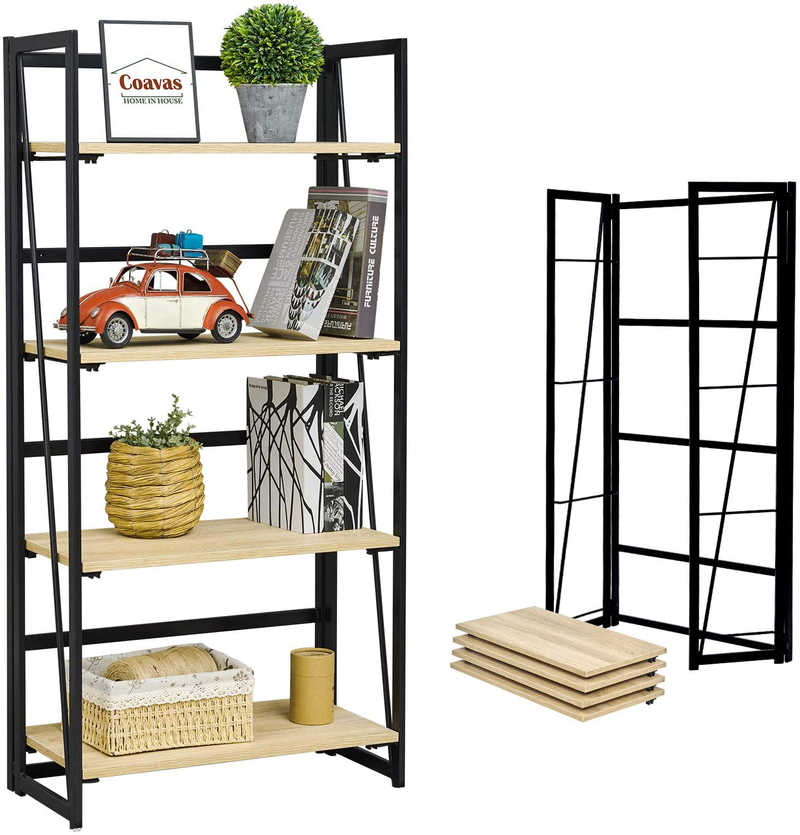 Coavas Folding Bookshelf Home Office Industrial Bookcase No Assembly Storage Shelves Vintage 4 Tiers Flower Stand Rustic Metal Book Rack Organizer, 23.6 X 11.8 X 49.4 Inches Home & Garden > Household Supplies > Storage & Organization Coavas Beech 23.6 X 11.8 X 49.4 Inches 