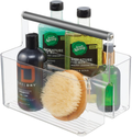 Mdesign Plastic Shower Caddy Storage Organizer Utility Tote, Divided Basket Bin - Metal Handle for Bathroom, Dorm, Kitchen, Holds Hand Soap, Shampoo, Conditioner - Aura Collection - Black/Brushed Sporting Goods > Outdoor Recreation > Camping & Hiking > Portable Toilets & Showers mDesign Clear/Graphite Gray  