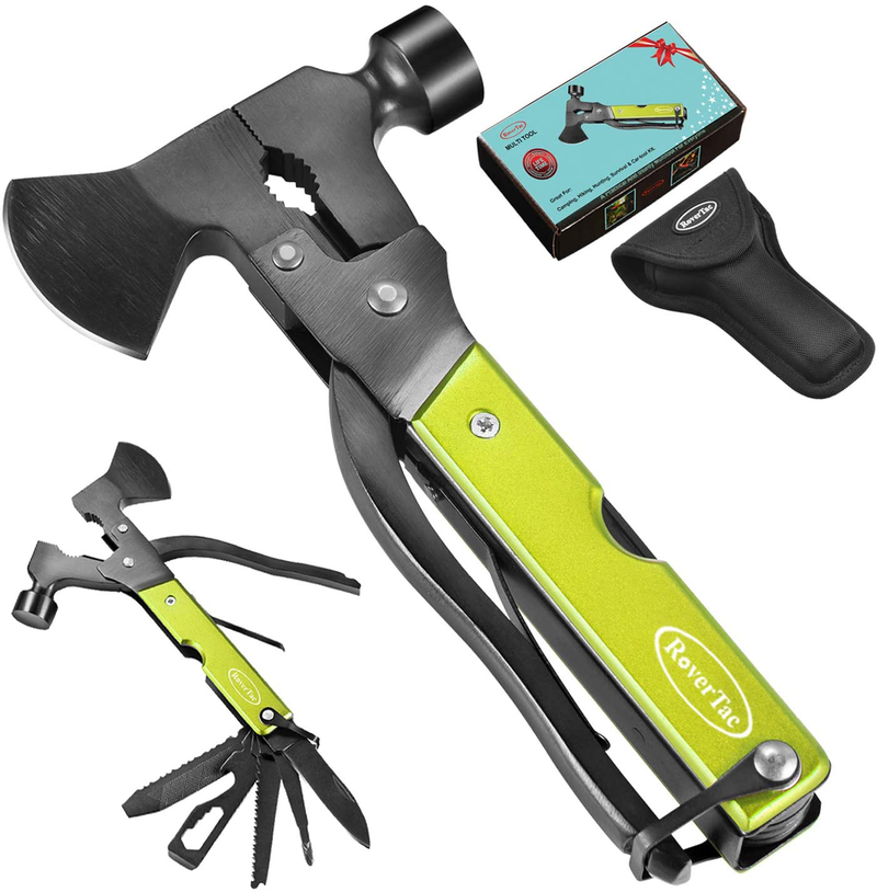 Rovertac Camping Accessories Multitool Hatchet Survival Gear Christmas Gifts for Men Dad Husband 14 in 1 Multi Tool Axe Hammer Knife Saw Screwdrivers Pliers Bottle Opener Durable Sheath Sporting Goods > Outdoor Recreation > Camping & Hiking > Camping Tools RoverTac Green  