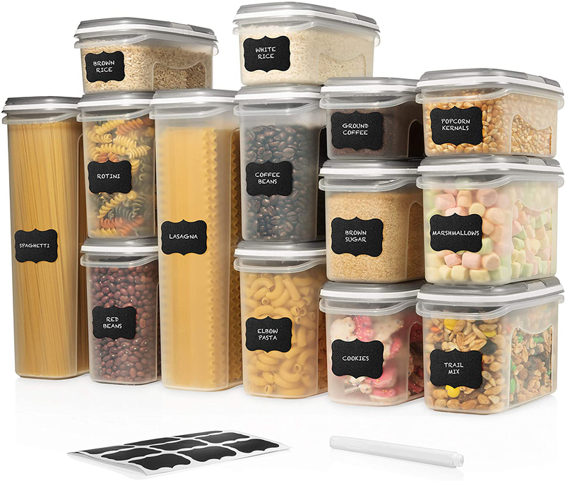 LARGEST Set of 52 Pc Food Storage Containers (26 Container Set) Shazo Airtight Dry Food Space Saver W Interchangeable Lid, 14 Measuring Cups + Spoons, Labels + Marker - One Lid Fits All - Reusable