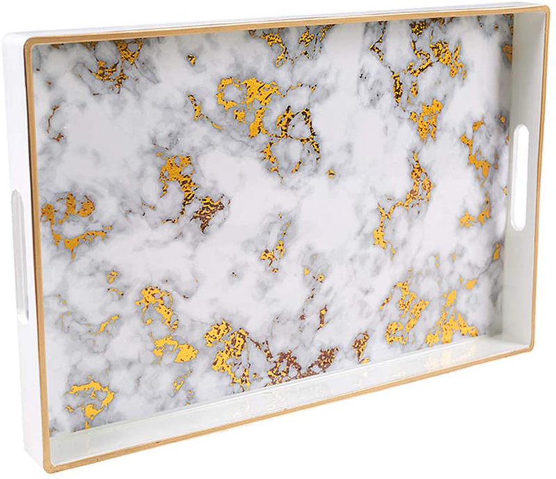 MAONAME Plastic Decorative Tray, Rectangular Marbling Tray with Handles, Coffee Table Serving Tray for Ottoman, Bathroom, Storage | 15.7" Lx 10.2" W X 1.57" H Home & Garden > Decor > Decorative Trays MAONAME Wipe Gold White 1 