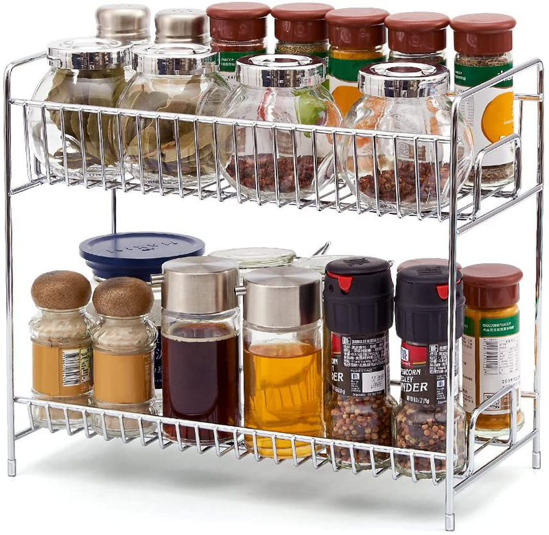 EZOWare 2-Tier Standing Spice Herb Seasoning Rack, Jars Bottles Cans Storage Organizer Holder Shelf for Kitchen Pantry Bathroom Countertop - Chrome