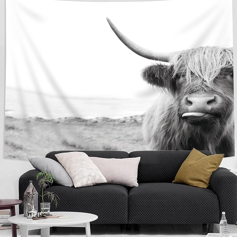 Homewelle Cow Tapestry Animal Highlander 59Wx51H Inch Highland Cattle Bull Portrait Western Cool Funny Farmhouse Cute Sketch Milk Wildlife Aesthetic Wall Hanging Bedroom Living Room Dorm Decor Fabric Home & Garden > Decor > Artwork > Decorative Tapestries Homewelle Gray 80Wx60H 