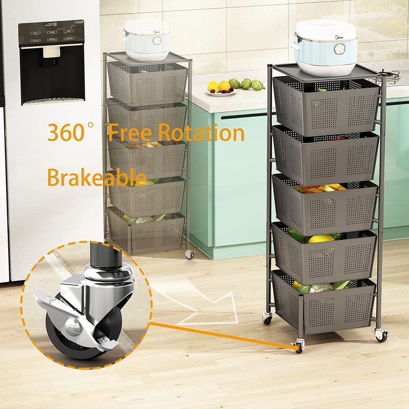 Kitchen Storage Rotatable Rack Floor Living Room Multi-Layer Movable Fruit Vegetable Snack Stand Household Shelf (5F, Black) Home & Garden > Kitchen & Dining > Food Storage Kiraque   