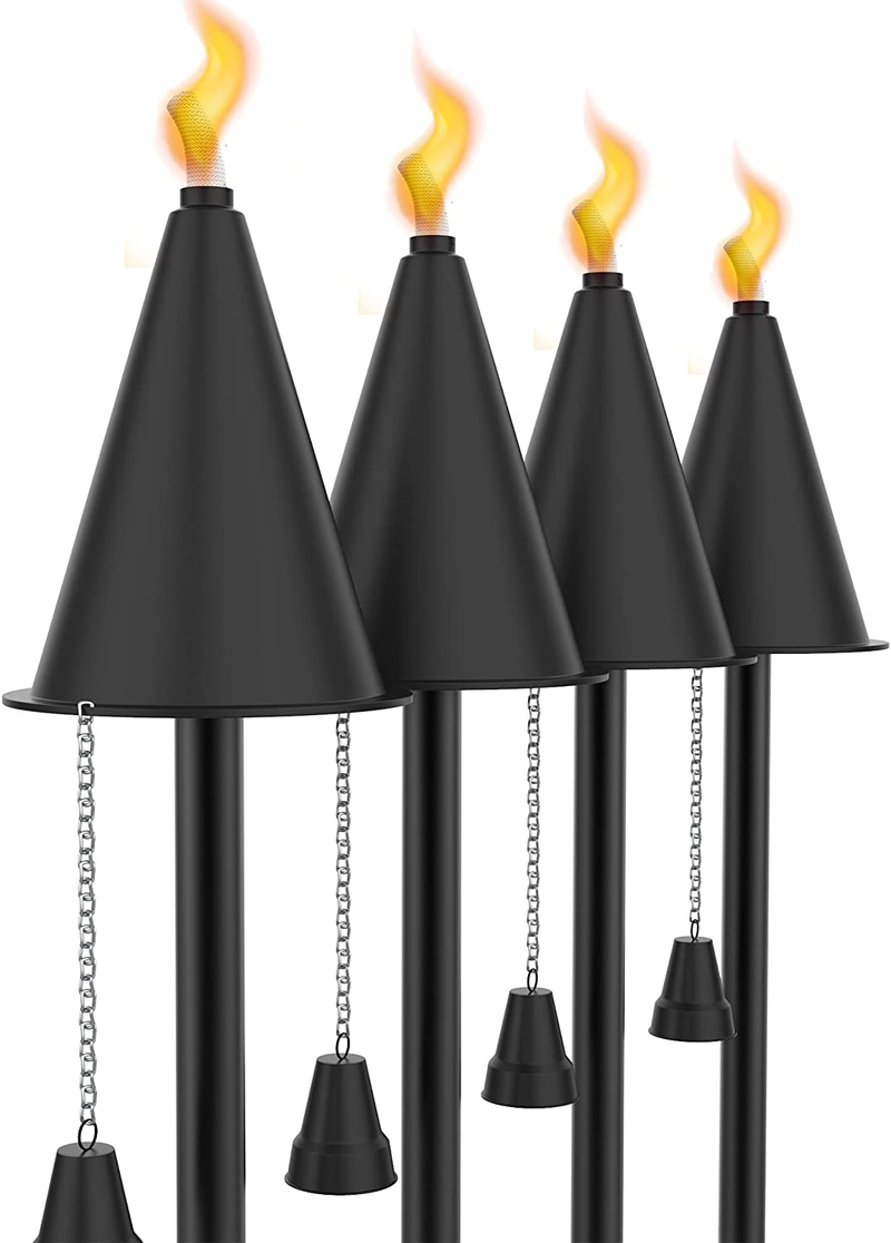 Legends Direct Set of 4, Premium Metal Torches Outdoor, 53" Tall - Tiki Style/w Snuffer, Fiberglass Wick & Large 35oz Oil Lamp Deck Torch for Patio, Outdoor, Lawn and Garden (Hammered Black) Home & Garden > Lighting Accessories > Oil Lamp Fuel Legends Direct Smooth Black 4 