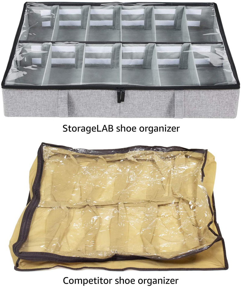 Storagelab under Bed Shoe Storage Organizer, Adjustable Dividers - Set of 2, Fits 24 Pairs Total - Underbed Storage Solution (Grey)
