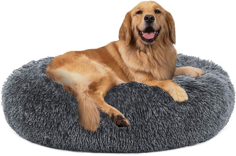 PUPPBUDD Calming Dog Bed Cat Bed Donut, Faux Fur Pet Bed Self-Warming Donut Cuddler, Comfortable round Plush Dog Beds for Large Medium Dogs and Cats (24"/32"/36"/44") Animals & Pet Supplies > Pet Supplies > Dog Supplies > Dog Beds PUPPBUDD Grey-Blue X-Large(32''x24'') 