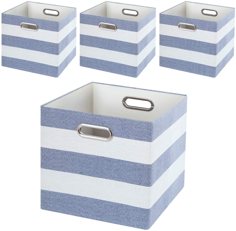 Storage Bins Storage Cubes, 13×13 Fabric Storage Boxes Foldable Baskets Containers Drawers for Nurseries,Offices,Closets,Home Décor ,Set of 4 ,Grey-white Striped Home & Garden > Decor > Seasonal & Holiday Decorations Posprica Blue-white Striped 11×11×11/4pcs 