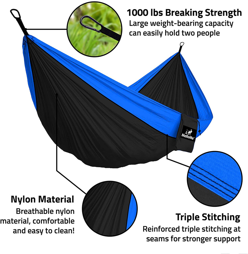MalloMe Camping Hammock with Ropes - Double & Single Tree Hamock Outdoor Indoor 2 Person Tree Beach Accessories _ Backpacking Travel Equipment Kids Max 1000 lbs Capacity - Two Carabiners Free