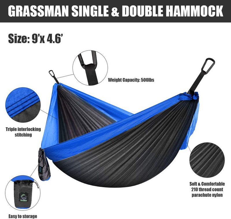 Grassman Camping Hammock Double & Single Portable Hammock with Tree Straps, Lightweight Parachute Hammocks Camping Accessories Gear for Indoor Outdoor Backpacking, Travel, Hiking, Beach