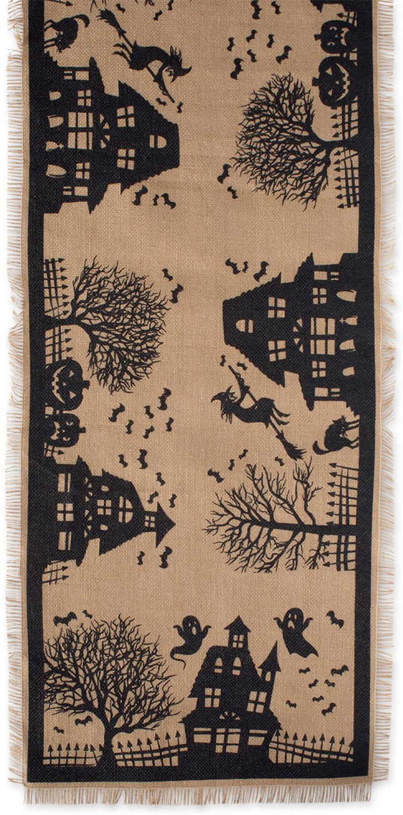 DII 14x74" Jute/Burlap Table Runner, Haunted House - Perfect for Halloween, Dinner Parties and Scary Movie Nights