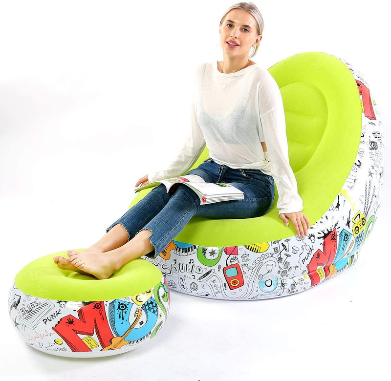Lazy Sofa, Inflatable Sofa, Family Inflatable Lounge Chair, Graffiti Pattern Flocking Sofa, with Inflatable Foot Cushion, Suitable for Home Rest or Office Rest, Outdoor Folding Sofa Chair (Green) Sporting Goods > Outdoor Recreation > Camping & Hiking > Camp Furniture BOMTTY   