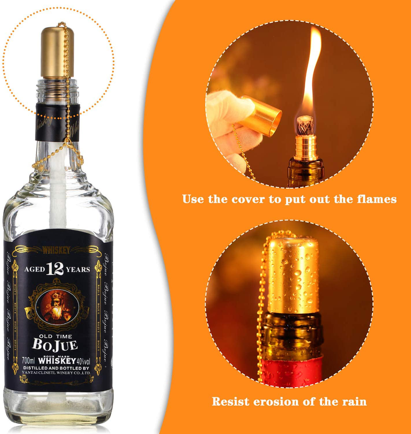 Nuanchu Wine Bottle Torch Hardware Kit Include Brass Torch Wick Holders with Washer, 13.78 Inch Fiberglass Replacement Torch Wicks and Copper Lamp Cover for Indoor Outdoor DIY Homemade