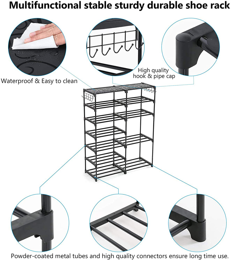 Shoe Rack Shoe Shelf Shoe Storage Organizer with Side Hooks for Entryway, 24-30 Pairs Metal Shoe Rack Taller Shoes Boots Organizer