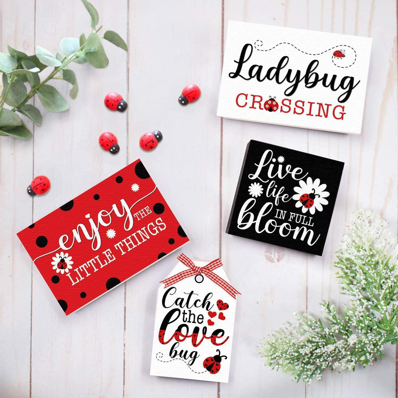 Huray Rayho Tiered Tray Decorations Ladybug Wooden Blocks Sign Modern Style For Home Farmhouse Rustic Ladybird Decor Kitchen Shelf Display Summer Holiday Party Favors Gifts (4 piece) Home & Garden > Decor > Seasonal & Holiday Decorations& Garden > Decor > Seasonal & Holiday Decorations Huray Rayho   