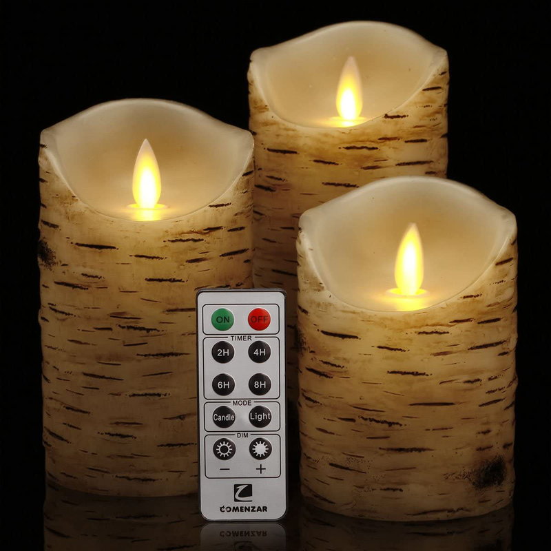 Comenzar Flickering Candles, Candles Birch Set of 3 (H: 4" 5" 6" x D: 3.25")Birch Bark Battery Candles Real Wax Pillar with Remote Timer