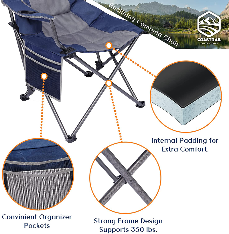 Coastrail Outdoor Reclining Camping Chair 3 Position Folding Lawn Chair for Adults Padded Comfort Camp Chair with Cup Holders, Head Bag and Side Pockets, Supports 350Lbs, Blue&Grey