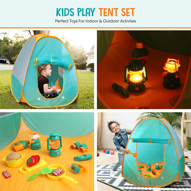 Iyoyo Kids Camping Play Tent Set 30Pcs Kids Camping Gear Tools with Play Kitchen Food Set, Indoor Outdoor Pretend Play Toys for Kids Toddler Boys Girls Birthday Sporting Goods > Outdoor Recreation > Camping & Hiking > Tent Accessories iYoYo   