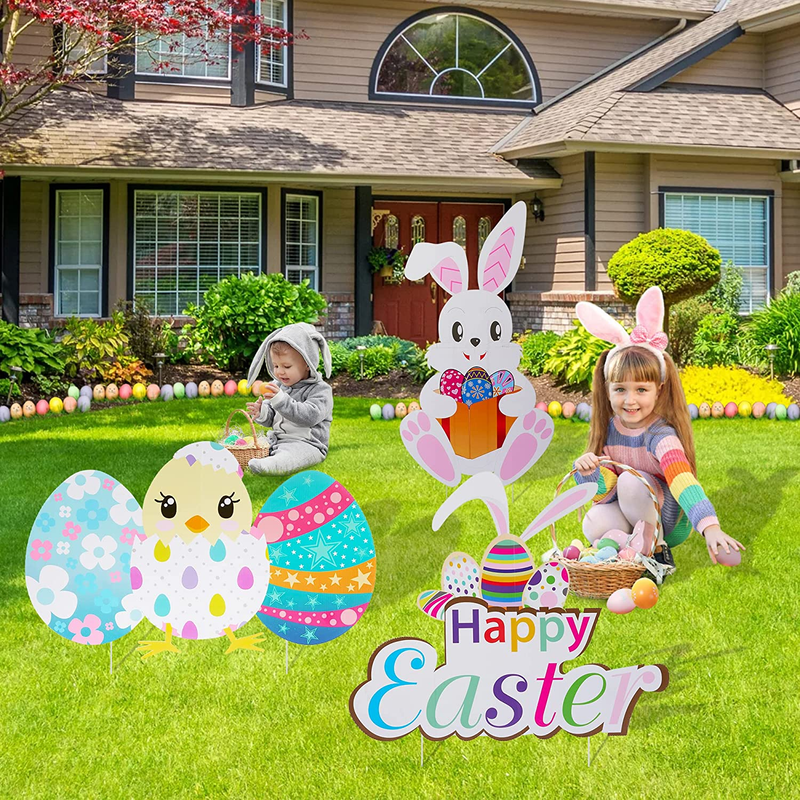 HOOJO Easter Decorations Outdoor Extra Large Easter Yard Signs 5 PCS, Waterproof Bunnies, Chick and Eggs Yard Stakes, Easter Lawn Decorations for Hunt Game, Party Supplies Decor, Easter Props Home & Garden > Decor > Seasonal & Holiday Decorations HOOJO   