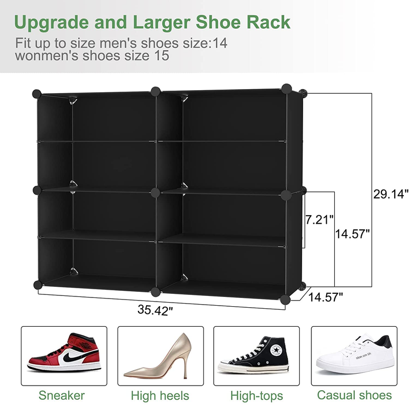 JIANQU 8 Tiers Shoe Rack 16 Pairs Shoe Organizer Bigger Shoe Cube Storage Large Shoe Cabinet Black for High Heels,Sneaker Furniture > Cabinets & Storage > Armoires & Wardrobes JIANQU   