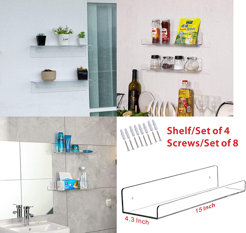 Cq acrylic 15" Invisible Acrylic Floating Wall Ledge Shelf, Wall Mounted Nursery Kids Bookshelf, Invisible Spice Rack, Clear 5MM Thick Bathroom Storage Shelves Display Organizer, 15" L,Set of 4 Furniture > Shelving > Wall Shelves & Ledges Cq acrylic   