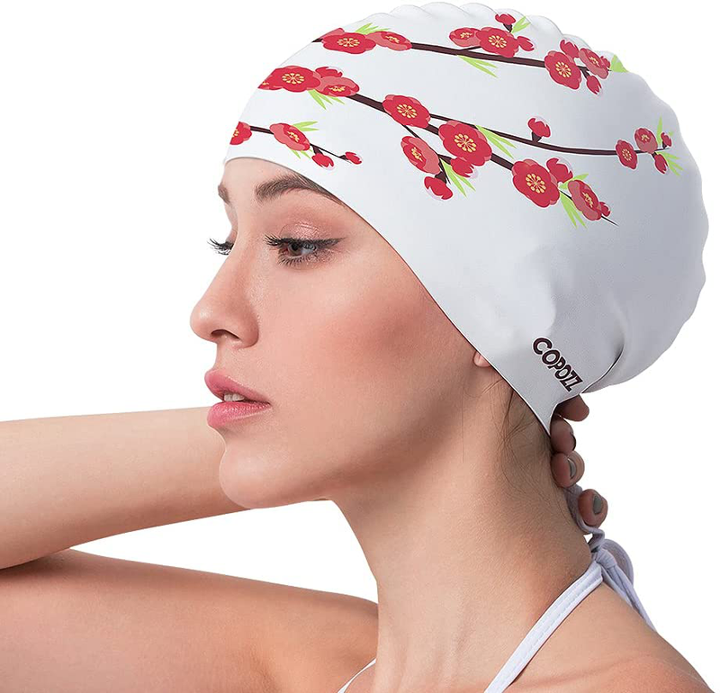 COPOZZ Kids/Adult Swim Caps, Silicone Waterproof Comfy Bathing Cap Swimming Hat for Long and Short Hair Sporting Goods > Outdoor Recreation > Boating & Water Sports > Swimming > Swim Caps COPOZZ Plum Blossom-12yrs  
