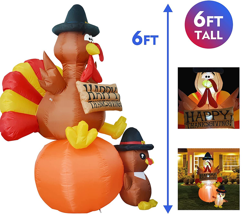 GOOSH 6 FT Height Thanksgiving Inflatables Turkey on Pumpkin & Little Turkey, Blow Up Yard Decoration Clearance with LED Lights Built-in for Holiday/Party/Yard/Garden