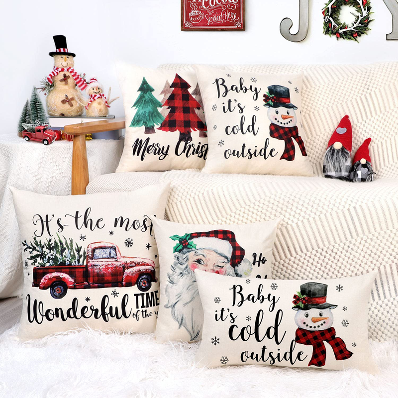 Christmas Pillow Covers 18x18 Set of 4 Farmhouse Christmas Decor Red Black Buffalo Plaids Winter Holiday Decorations Throw Cushion Case for Home Couch(Tree, Rustic Truck, Santa Claus, Snowman Quote)