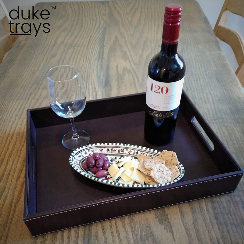 Serving Tray with Handles, Coffee Table Tray, Ottoman Tray, Breakfast Tray, Rectangular Decorative Tray, Brown PU Leather, 16 in x 12 in x 2.5 in Home & Garden > Decor > Decorative Trays duke trays   