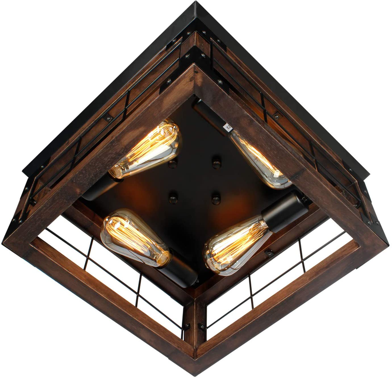 JHLBYL Farmhouse Wood Flush Mount Ceiling Light,Black Metal Rustic Close to Ceiling Lighting Industrial Square Wire Cage Ceiling Light Fixture with 4 E26 Blub Socket for Farmhouse Kitchen Dining Room