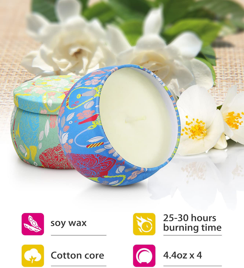 Scented Candles Gifts for Women 4 Pack 4.4Oz Soy Wax Floral Candle Set with Card Valentines Day Gifts for Her Portable Travel Tin Aromatherapy Candle Mothers Day Birthday Home Wedding Fragrance Decor Home & Garden > Decor > Seasonal & Holiday Decorations Ccia   