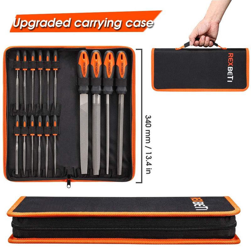REXBETI 16Pcs Premium Grade T12 Drop Forged Alloy Steel File Set with Carry Case, Precision Flat/Triangle/Half-round/Round Large File and 12pcs Needle Files, Soft Rubbery Handle, Perfect Shaping Tool Hardware > Tools > Tool Sets > Hand Tool Sets REXBETI   