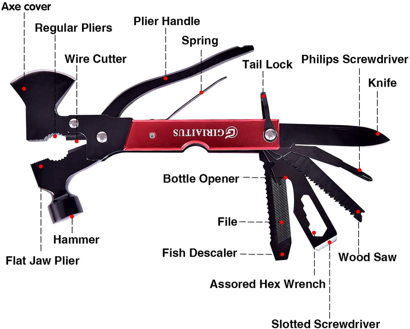 Multitool Camping Gear, Gifts for Men Dad - 18 In1 Stainless Steel Multi Tool for Emergency Escape, Camping, Travel, Family, Multifunctional Outdoor Survival Hunting Kit, Axe,Plier, Tools for Men