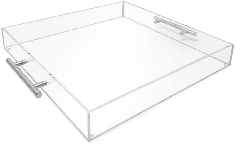 Isaac Jacobs Clear Acrylic Serving Tray (11x14) with Gold Metal Handles, Spill-Proof, Stackable Organizer, Food & Drinks Server, Indoors/Outdoors, Lucite Storage Décor (11x14, Clear with Gold Handle) Home & Garden > Decor > Decorative Trays Isaac Jacobs International Clear With Silver Handle 15x15 