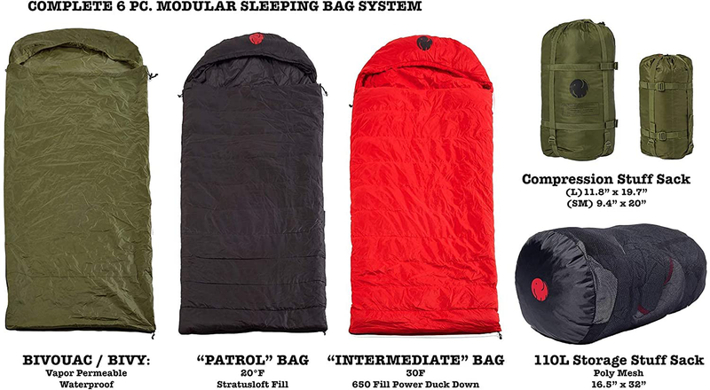 Omnicore Designs Mil-Spec 6-Pc. Modular Sleeping Bag System 30F to -30F (Mummy & Hooded Rectangular)
